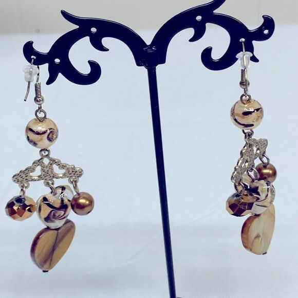 Vintage Earrings Gold/Brown Tone Mixed Media Mother of Pearl Aurora Borealis - Picture 4 of 6